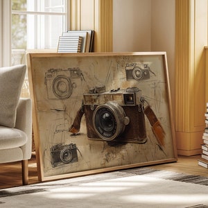 Vintage Camera Sketch Canvas Art - Retro Photography Enthusiast Decor Featuring Antique Camera and Artistic Sketches, Rustic Home Accent