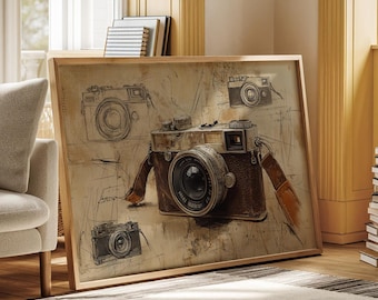 Vintage Kamera-Skizzen-Kunst - Retro-Fotografie-Enthusiasten-Dekor mit antiker Kamera und künstlerischen Skizzen, rustikaler Hauptakzent