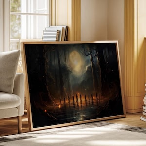 May include: A framed painting depicting a dark forest scene with a full moon shining through the trees. Silhouettes of people stand in a line in the middle of the forest, with a body of water in front of them.