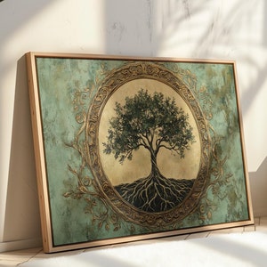 Golden Framed Tree of Life Canvas Wall Art - Rooted Green Tree Design with Elegant Floral Accents for Home Décor