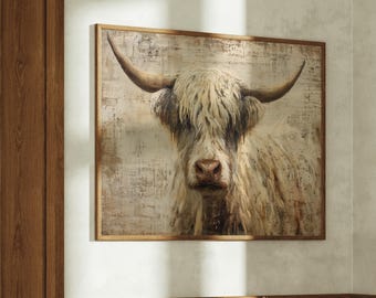 Highland Cow Portrait Rustic Textured Painting