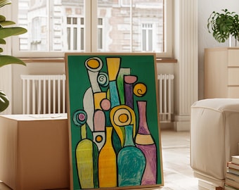 Botellas abstractas de colores / Arte en lienzo de naturaleza muerta geométrica moderna