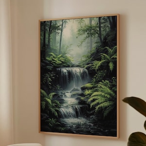 Tranquil Forest Waterfall Canvas Wall Art - Serene Nature Scene with Lush Greenery for Relaxing Home or Office Decor