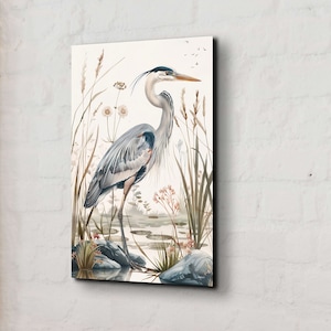 Watercolor Blue Herron Ready To  Hang Canvas Wall Art, Herron Art, Watercolor Nature Art, Extra Large Artwork, Canvas Wall Art