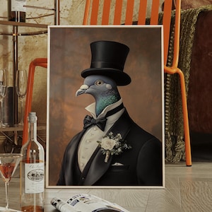 Dapper Pigeon in Tuxedo and Top Hat Canvas – Anthropomorphic Bird Wall Art, Vintage Formal Animal Portrait for Classy Home Decor