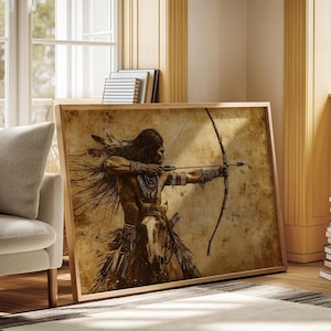 以下が含まれることがあります： 馬に乗ったネイティブアメリカンの男性が弓矢を構えている、ヴィンテージスタイルのイラスト。画像は茶色とベージュのグラデーションで、テクスチャのある背景になっています。