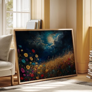 Moonlit Meadow with Vibrant Wildflowers - Night Landscape Canvas Wall Art - Dreamy Nature Scene for Romantic Home or Office Decor