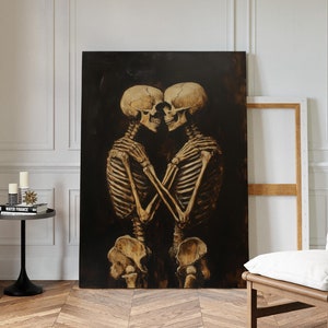 Eternal Embrace Skeleton Canvas Wall Art - Unique Gothic Hangable Wall Decor for Halloween or Romantic Home Aesthetic