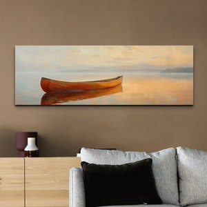Brown Canoe Canvas Wall Art Print, Panoramic Wrapped Painting Style Canvas Decor, Lake House, Rustic Cottage Cabin Decor, Minimalist Art