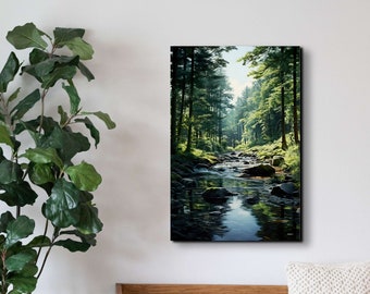 May include: A painting of a forest scene with a stream running through it. The trees are green and the water is blue. There are rocks in the stream and the sun is shining through the trees.