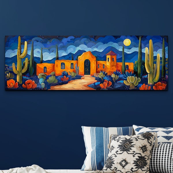 Southwest Desert Watercolor Canvas Art Print, Desert Canvas Art, Cactus Wall Decor, Cactus Canvas Art, Southwestern Home Decor, Panoramic