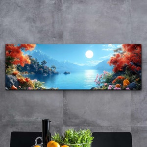 Beautiful Serene Ocean Wild Flowers Landscape, Tranquil Landscape Art, Ready To Hang Panoramic Canvas Wall Art Print, Large Canvas Wall Art