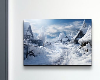 Snow Covered Old Village Landscape Canvas Print, Snowy Landscape Painting, Snowy Decor Wall, Winter Wall Art, Winter Artwork, Nature