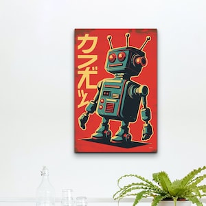 Dibujos animados de robots de Fallout atómico estilo década de 1950, arte robótico, arte de pared de lienzo de retrato listo para colgar, arte de la década de 1950, arte colorido