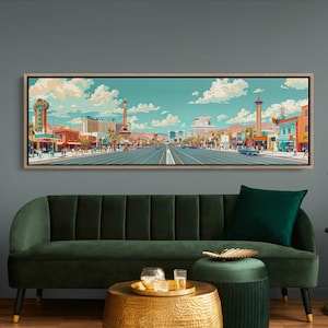 Lienzo panorámico de mediados de siglo con diseño moderno de Las Vegas Strip