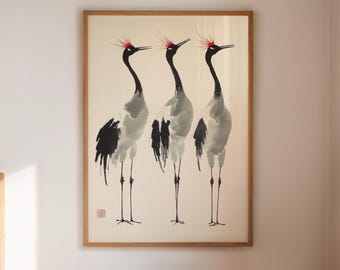 Japanese Crane Wall Art – Minimalist Ink Style Bird Canvas, Asian Zen Red Crowned Crane Print for Tranquil Nature Inspired Home Decor