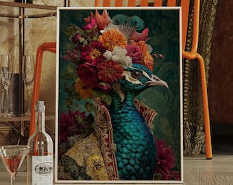 Regal Peacock in Gold Embroidered Robe with Flower Crown – Baroque Floral Animal Canvas Wall Art in Rich Jewel Tones