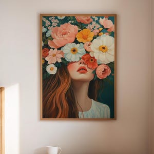 Bunte Blumenkrone Leinwand Wand Kunst | Weibliches Porträt mit kräftigen Blumen | Modernes botanisches Ölgemälde für Schlafzimmer oder Wohnzimmer