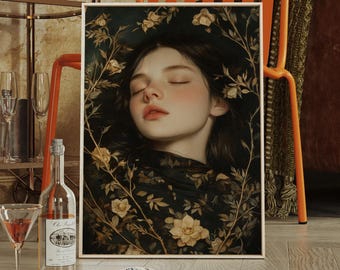 May include: A framed art print featuring a portrait of a woman with closed eyes, surrounded by floral elements. The artwork is displayed near a bar cart with bottles and glasses, a cocktail, and a magazine.
