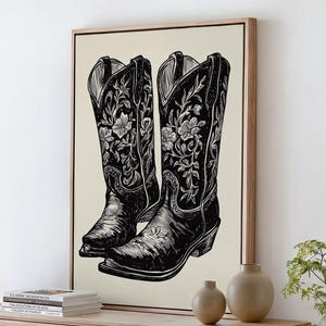 Floral Cowboy Boots Black Ink Illustration Western Country Wall Art Rustic Rodeo Farmhouse Decor