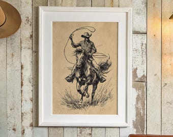 Cowboy au lasso à cheval dessin encre vintage