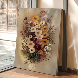 Colorful Wildflower Bouquet - Vintage Floral Oil Painting Canvas for Rustic, Romantic, and Nature-Inspired Wall Decor