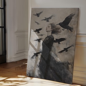 Mysterious Woman with Ravens Canvas Wall Art - Gothic Fantasy Decor - Dark and Enigmatic Artistic Poster