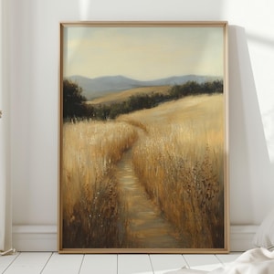 May include: A painting of a path winding through a field of tall golden grass. The path leads to a distant hillside with trees and a blue sky.