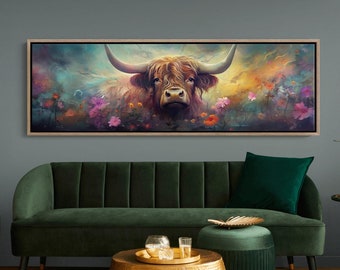 Highland Kuh Panorama Leinwand Wandkunst, Bauernhaus Wandkunst, Kuh Leinwand Wandkunst, Highland Kuh Kunst, Panorama Kunst, große Kunst