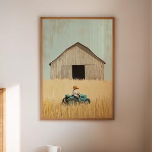 Vintage Farm Boy on Tractor Canvas Wall Art | Rustic Barn Field Nursery Print | Country Kids Room Decor | Farmhouse Wheat Field Poster