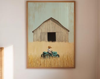 May include: A framed print showing a rural scene with a barn, field, and a person driving a blue tractor. The artwork has a light blue sky and a warm, neutral colour palette. The print is displayed above a wooden bedside table.