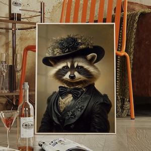 Arte murale vittoriana raffigurante un procione: ritratto di un animale bizzarro con cappello nero e papillon, tela ispirata allo stile gotico steampunk per un arredamento unico.