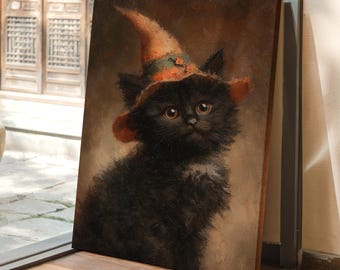 Pintura a óleo vintage de gato preto com chapéu de bruxa, arte de parede de gatinho de Halloween, decoração em tela assustadora e excêntrica para decoração de casa no outono e nas estações do ano