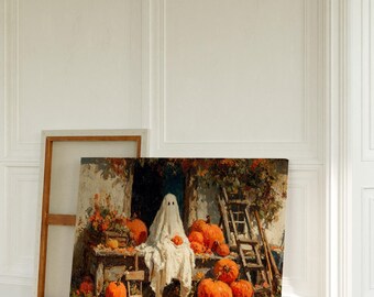 Spook met pompoenen | Grillige Halloween-muurkunst in rustieke herfstomgeving