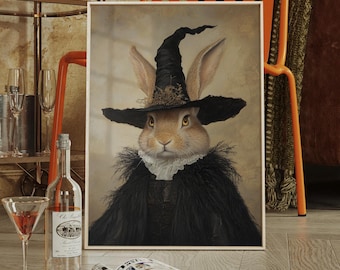Witch Bunny Canvas Wall Art – Vintage Style Halloween Rabbit Portrait in Black Hat and Cloak, Whimsical Gothic Animal Decor Print
