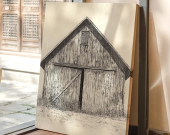 Vintage Barn Wall Art Print, Black and White Ink Farmhouse Drawing, Rustic Country Canvas, Weathered Wood Barn Line Art for Home Decor