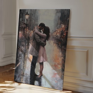 Romantic Couple in the Rain Cityscape Canvas Wall Art - Intimate Evening Stroll Hangable Wall Decor for Home or Gift