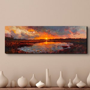 Panoramic Serene Marsh At Sunset Scene Ready To Hang Canvas Wall Art, Lake Art, Tranquil Canvas Wall Art, Panoramic Art