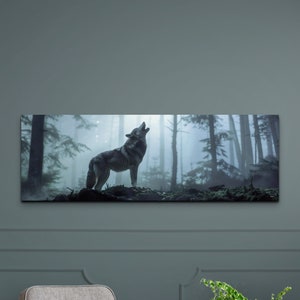 Wolf Howling Misty Forest Canvas Wall Art Print, Panoramic Wall Decor, Livingroom, Ready To Hang, Nature Decor, Misty Forest, Foggy Haze
