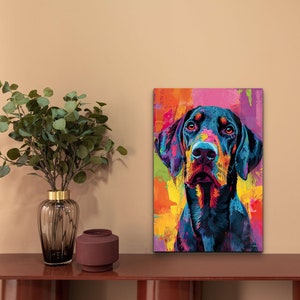 May include: A colorful abstract painting of a black dog with a pink, yellow, and blue background.