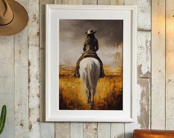 Cowgirl Riding White Horse on Open Plains