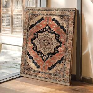 Rustikale persische Leinwand Kunst | Von Teppichen inspirierter Medaillon-Druck in Terrakotta, Schwarz und Elfenbein | Traditionelle Boho Dekoration