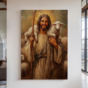 Good Shepherd Jesus Canvas Art - Inspirational Christian Wall Decor with Lambs, Faith-Based Religious Artwork for Home or Gift