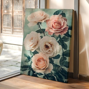 Vintage Rose Bouquet Canvas Wall Art – Blush Pink and Cream Floral Botanical Print for Romantic Cottagecore Decor