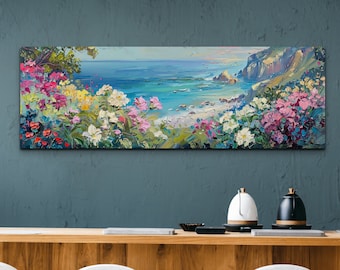 California Beach & Flower Ready To Hang Canvas Wall Art Print, Botanical Wall Art, Beach Wall Art, Canvas Wall Art, Colorful Canvas Wall Art
