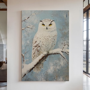 Snowy Owl Canvas Art - Majestic Owl in Winter Scene, Wildlife Nature Painting, Rustic Wall Decor for Home or Office