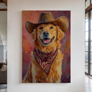 Cowboy Dog Wall Art, Golden Retriever Western Print, Funny Ranch Decor, Rustic Animal Painting, Farmhouse Dog Canvas, Country Pet Portrait