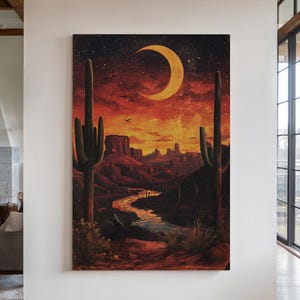 Desert Moonlit Canyon Leinwandkunst, Western Nachtszene Poster, Vintage Südwesten Kaktus Landschaft Wanddekor