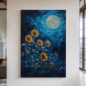 Moonlit Sunflower Canvas Wall Art | Night Sky Floral Painting | Rustic Botanical Decor with Full Moon Glow | Starry Nature-Inspired Artwork