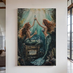 Mermaid Canvas Wall Art - Vintage Underwater Scene with Bottles - Mythical Ocean Decor for Nautical, Cottagecore, or Coastal Homes
